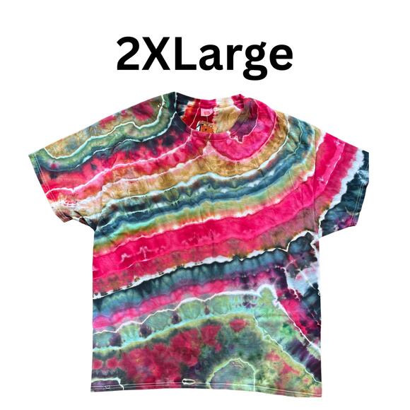 Tie Dyed Unisex T-shirt - Geode Ice Dye - Pink Green - Handmade (2XLarge) - Picture 9 of 12